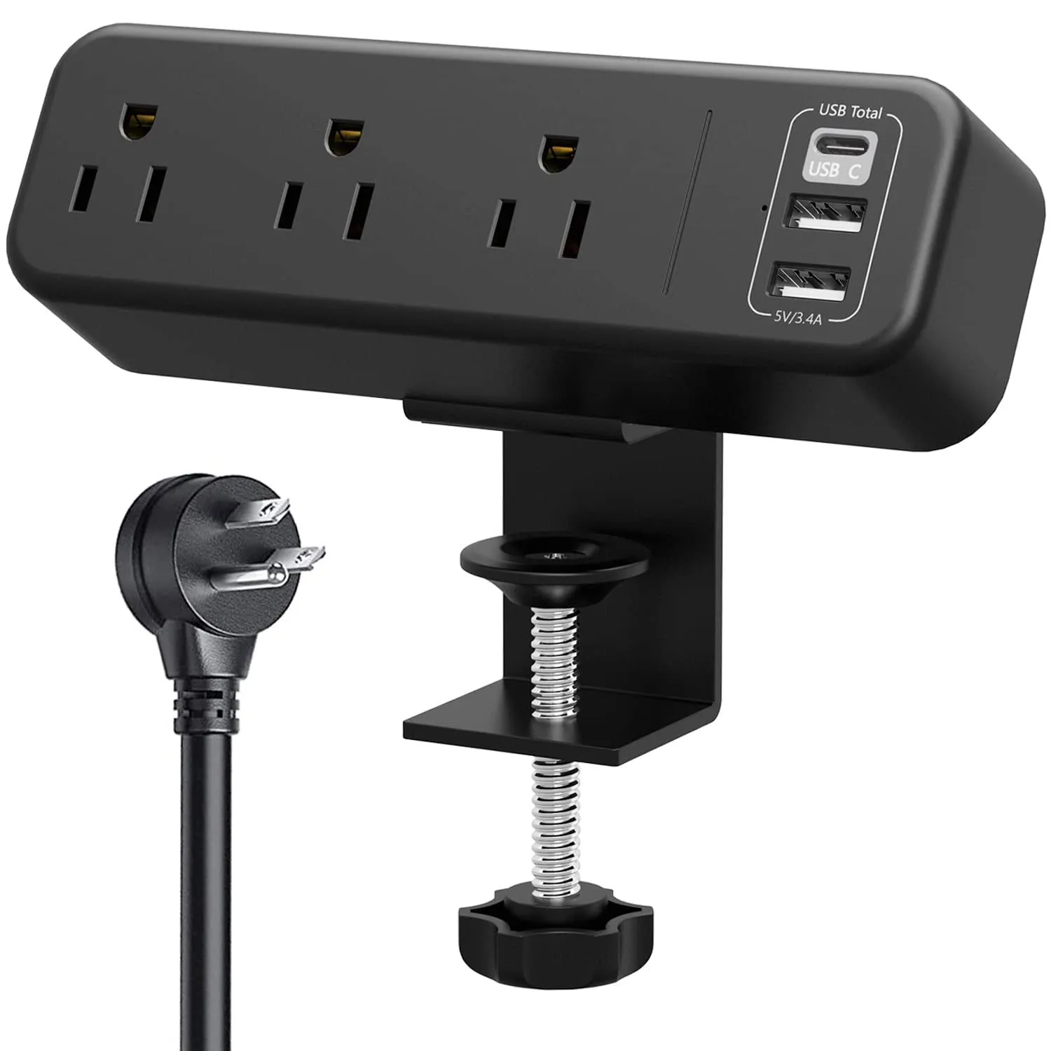 Desk Clamp Power Strip with USB C, 3 Outlet Desktop Mount Power Station Removable Clamp Socket with 6.5 ft Extension Cord, Fit 1.7 inch Tabletop Edge