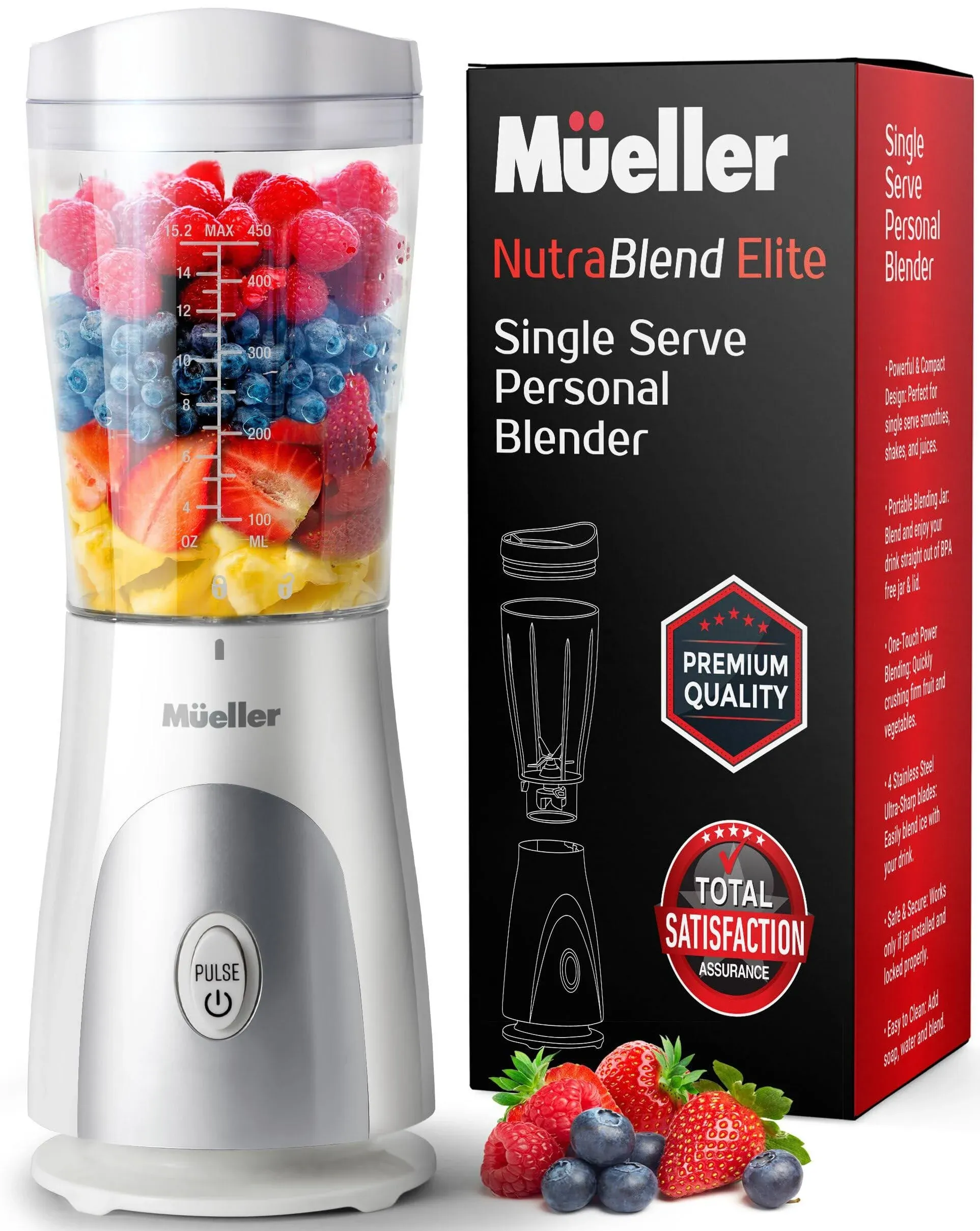 MÜELLERHOME Mueller Personal Blender for Shakes and Smoothies with 15 oz Travel Cup and Lid, Juices, Baby Food, Heavy-Duty Portable Blender & Food