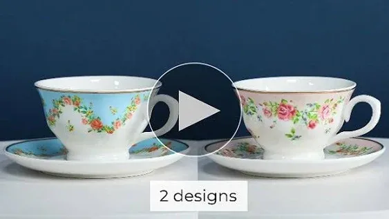 Sparkle and Bash Set of 6 Vintage Floral Tea Cups and Saucers for Tea Party Supplies, Perfect for Bridal Showers, Garden Parties, Brunch Gatherings, Afternoon Teas & Receptions (Blue, Pink, 8oz)