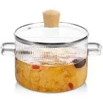 Glass Ribbed Cooking Pot with Lid Heat Resistant Borosilicate Glass Cookware Stovetop Pot Set - Simmer Pot with Cover Safe for Soup, Milk, Baby Food