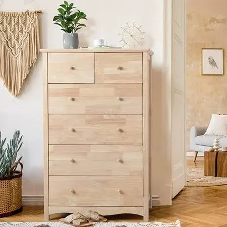 VINGLI Upgraged Unfinished 6 Drawer Dresser for Bedroom Natural Solid Wood Dresser Color DIY, Rustic Farmhouse Tall Dresser with Spacious Storage