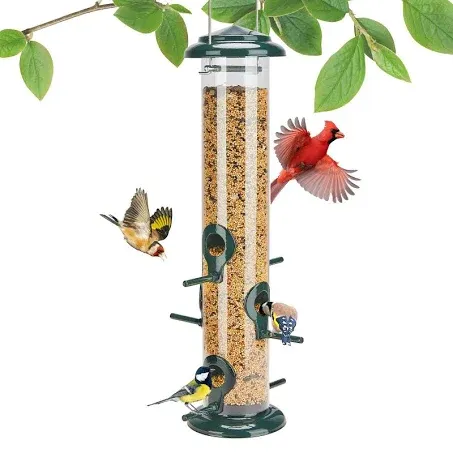 Kingsyard Metal Bird Feeders for Outdoors Hanging, Tube Bird Feeder with 6 Feeding Ports, 15 Inch, Chew-Proof & Weatherproof, Green