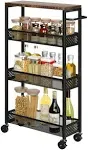 Slim Storage Cart 4 Tier Narrow Kitchen Rolling Cart on Wheels for Small Space, Mobile Utility Cart Shelving Unit with Wooden Top and Metal Handle for Kitchen, Bathroom, Laundry Room