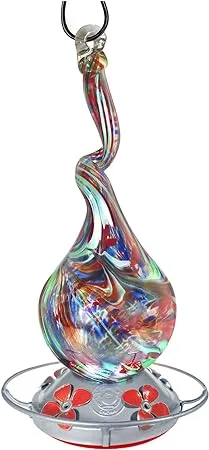 Gnarly Hummingbird Feeder by Grateful Gnome - Large Hand Blown Stained Glass Feeder for Garden, Patio, Outdoors, Window with Accessories S-Hook, Ant Moat, Brush - 16 fl oz, Gnarly Rainbow Design