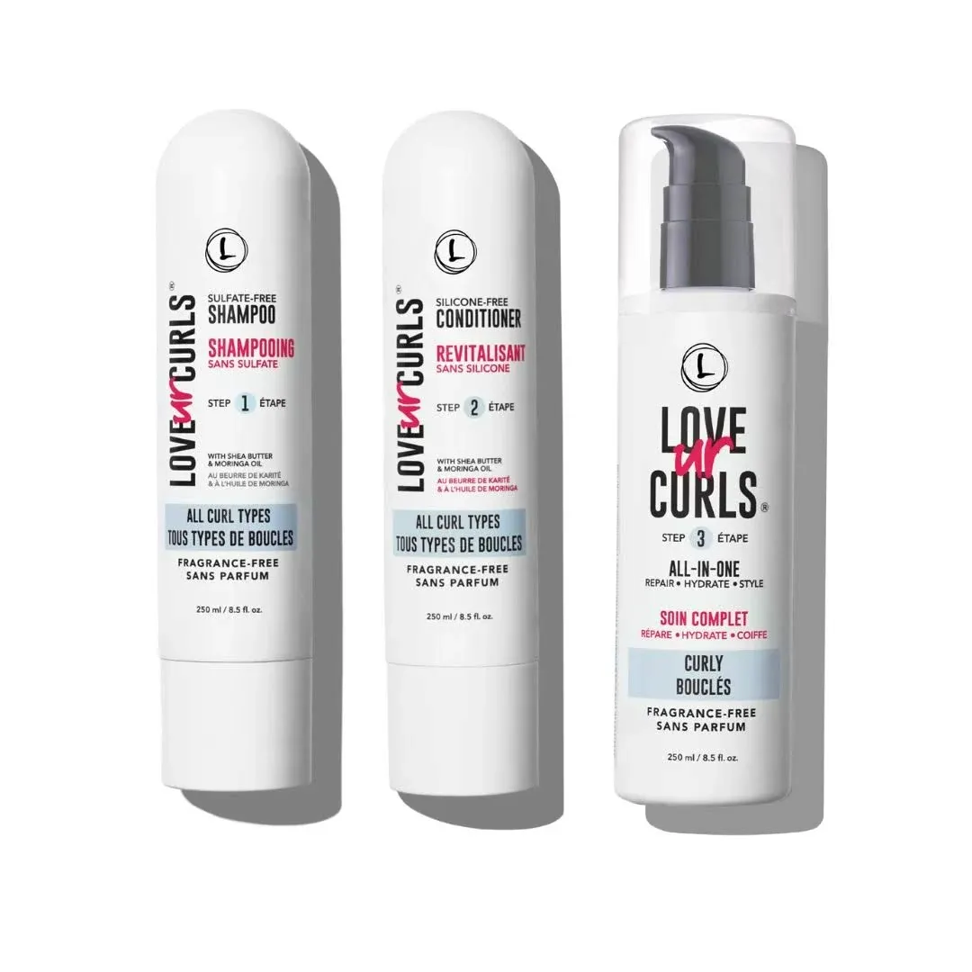 Love Ur Curls - Fragrance Free Shampoo and Conditioner Set with All in One Curl Cream Styler for Curly Hair, 3 Step System to Repair