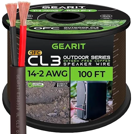 GearIT 14/2 Speaker Wire (100 Feet) 14AWG Gauge, Brown 2-Conductors / Outdoor Direct Burial in Ground / in Wall / CL3 CL2 Rated - OFC Oxygen-Free