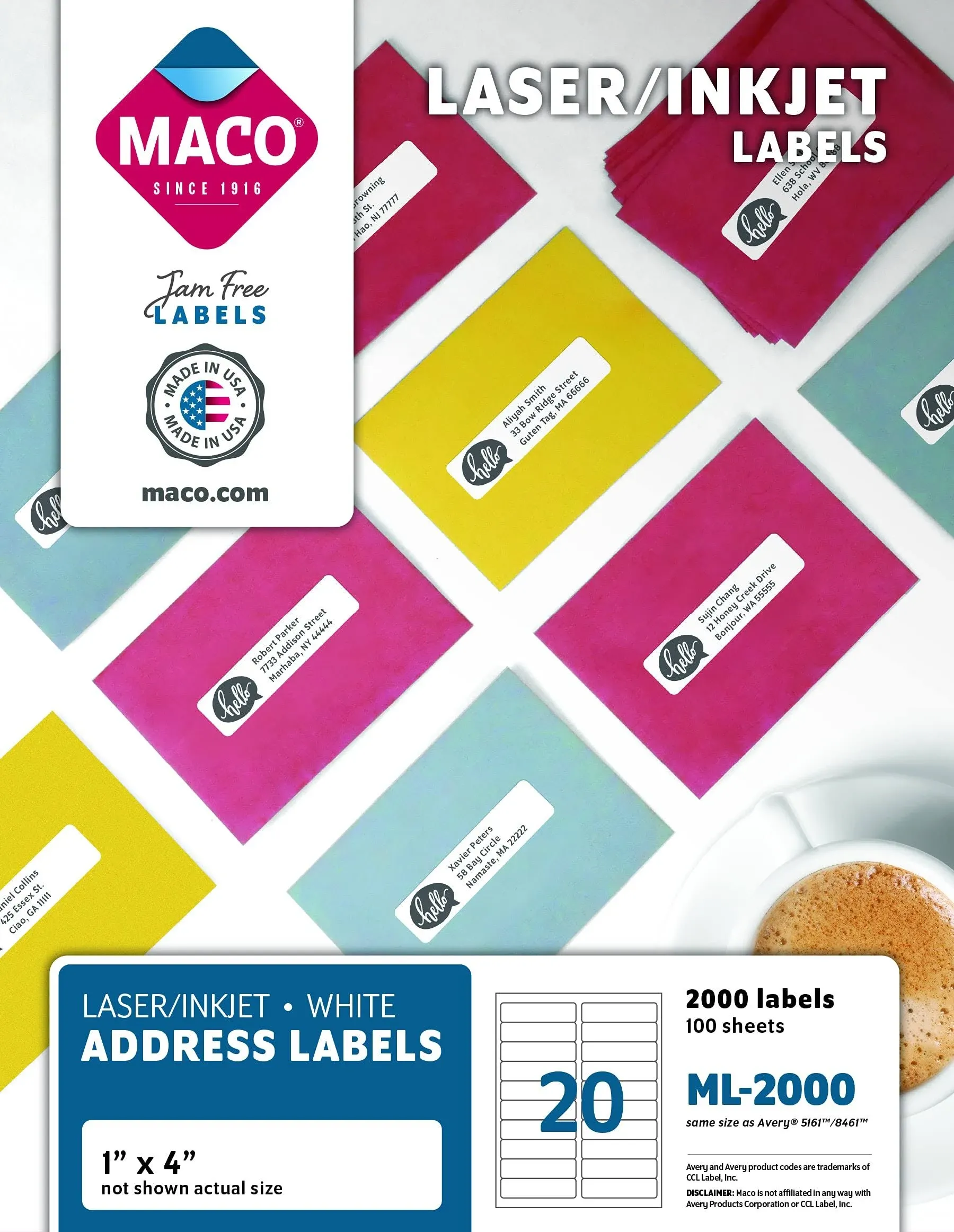 Maco Laser/Ink Jet White Address Labels, 1 x 4 Inches, 20 per Sheet, 2000 per Box ...