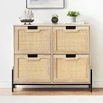 4 Flip Drawers Shoe Storage Cabinet, Rattan Shoe Organizer with Metal Legs, Freestanding Narrow Shoe Rack Cabinet for Entryway, Oak