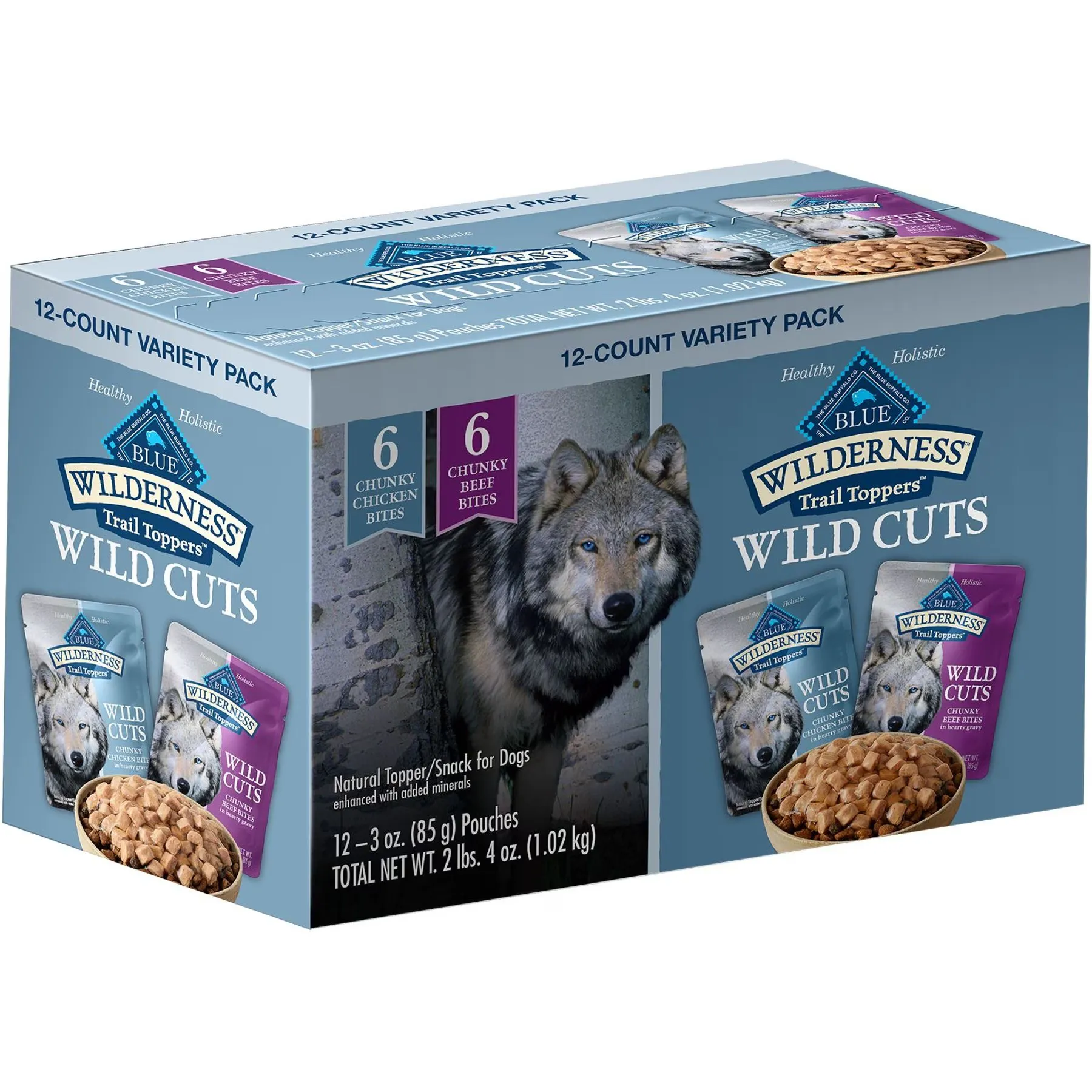 Blue Buffalo Wilderness Trail Toppers Wild Cuts High Protein Chunky Bites Beef & Chicken Wet Dog Food Variety Pack, Grain-Free, 3 oz. Pouches (12 Pack)