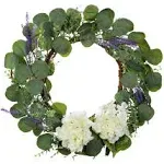 18" Eucalyptus Wreath for Front Door Artificial Lavender Summer Wreaths with Green Leaf Farmhouse Flower Wreath with White Silk Hydrangeas for Wall