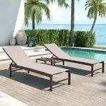 Crestlive Products Outdoor Aluminum Textilene Chaise Lounge Chairs and Table Set of 3 Beige Fabric, Brown Frame