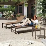 Crestlive Products Outdoor Aluminum Textilene Chaise Lounge Chairs and Table Set of 3 Brown Fabric, Brown Frame