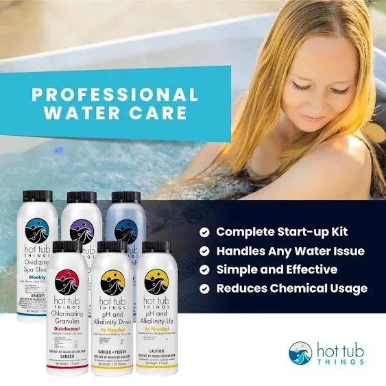 Chlorine Starter Kit - Spa Maintenance, Eliminate Cloudy Water, Hot Tub, Jacuzzis, Includes Chlorine Granules, Test Strips, Alkalinity Up & Down, Clarifier, Metal Out, & Oxidizer