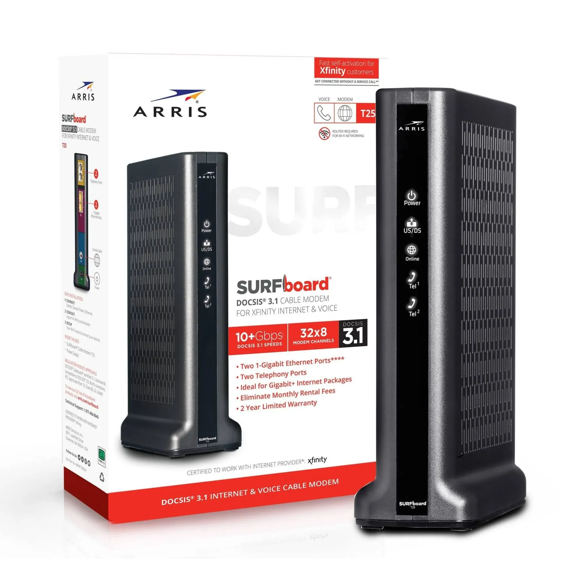 Arris SURFboard T25 Docsis 3.1 Gigabit Cable Modem for Xfinity Internet & Voice, Black