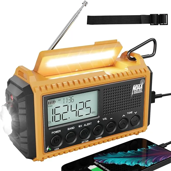 Emergency Radio Hand Crank Solar, Am/fm/sw NOAA Weather Radio, Portable Battery Operated Radio with Cell Phone Charger, 3W LED Flashlight & Reading La