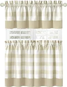 Kitchen Curtains and Valances Set, Classic Country Plaid Checkered Premium Cotton Blend, Cafe Curtains Tier & Valance Set, Rod Pocket, 57" x 24", Beige