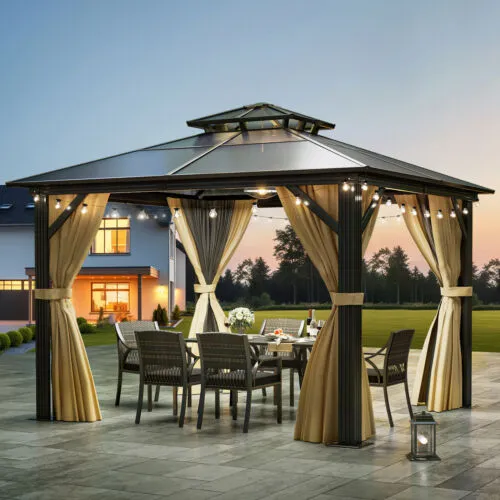 10&#039;X10&#039; Hardtop Gazebo,Outdoor Canopy With Aluminum Frame, Netting &amp; Curtains