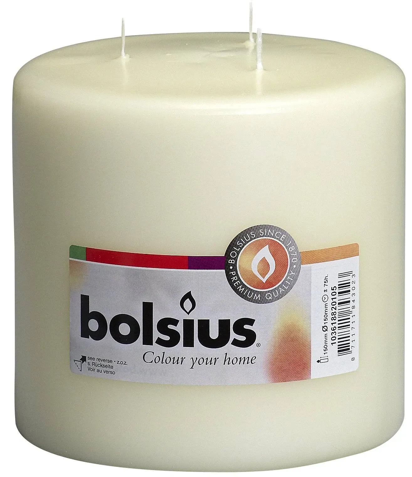 BOLSIUS Three Wick Big Pillar Candle Ivory – 6x6 Inches - Premium European Quality - 75 Hours Burn Time - Relight Unscented Large Pillar Candle - Smooth & Smokeless Flame - Wedding, & Party Candle