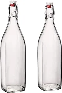 Bormioli Rocco Set Of 2 Square Swing Top Glass Bottles With Airtight Hermetic Lid, Bottles Kombucha, Beer, And Limoncello, Dishwasher Safe, Made In Italy. 33.75 oz