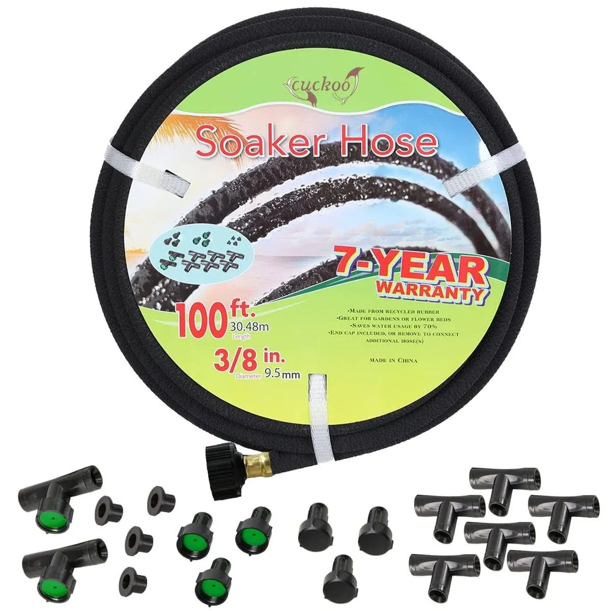 Cuckoo Soaker Hose 100ft With 3/8" Diameter-Soaker Hose Kit with Heavy Duty Rubber Hose Pipe for Irrigation-Save 70% Water-Great for Garden Flower Beds.