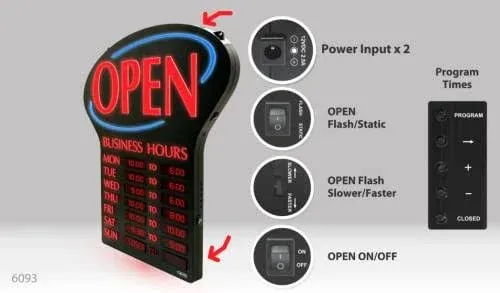 Newon LED "Open" Lighted Business Sign, Electronic Programmable Business Hours Sign with Flashing Effects, 23.4" x 20.4", Red/Black. Ultra Bright Neon Lights for Party Bar coffee shop Wall Decor Sign