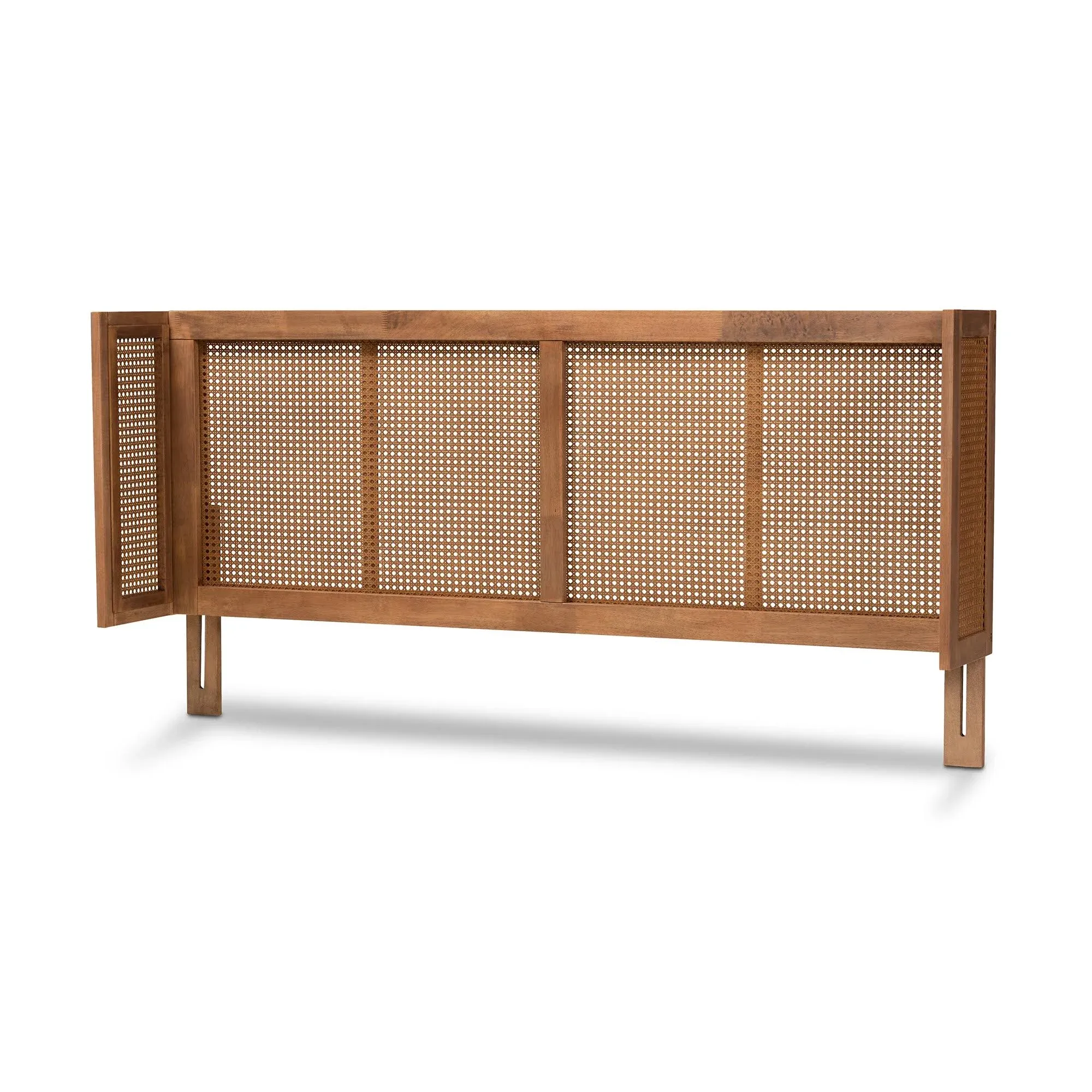 Oakestry Rina Mid-Century Modern Ash Wanut Finished Wood and Synthetic Rattan Full Size Wrap-Around Headboard