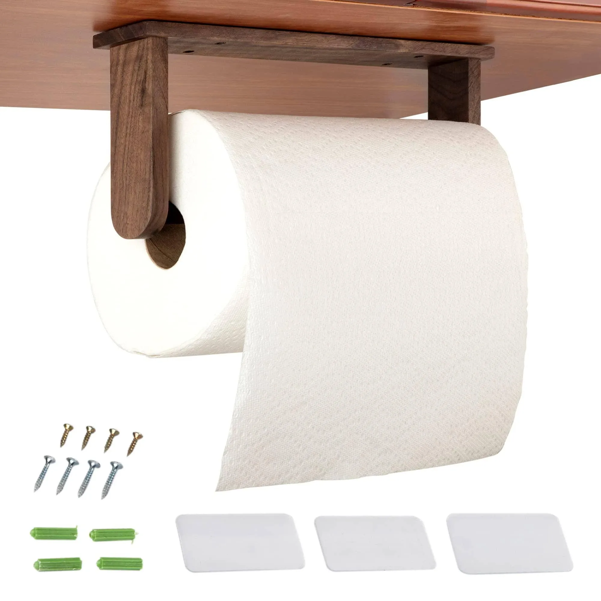 Walnut Paper Towel Holder Under Cabinet Adhesive No Drill Wood Papertowel For