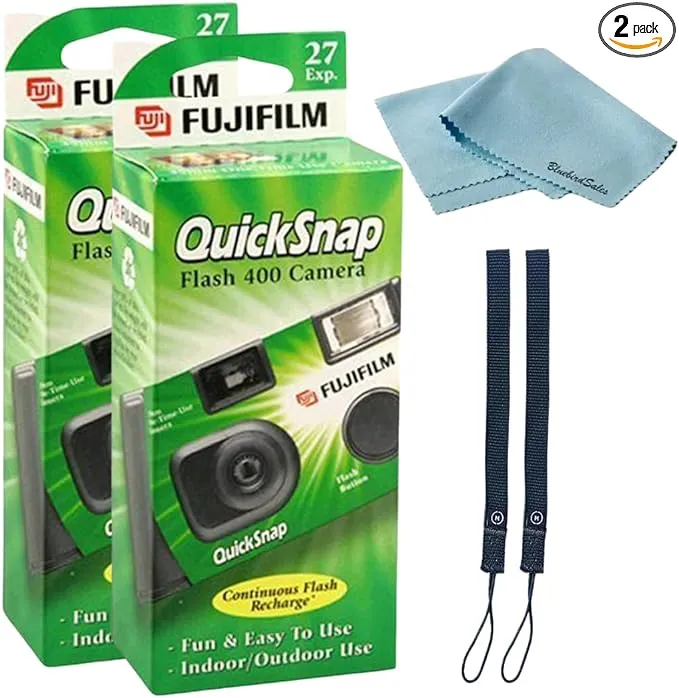 FUJIFILM QuickSnap Flash 400 Disposable 35mm Camera 2 Pack 2 Hand Straps BluebirdSales Microfiber Cleaning Cloth