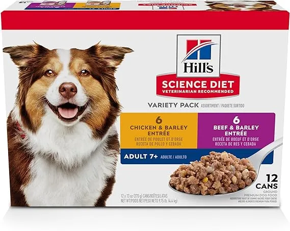 Hill's Science Diet Adult 7+, Senior Adult 7+ Premium Nutrition, Wet Dog Food, Variety Pack: Chicken & Barley; Beef & Barley Loaf, 13 oz Can Variety Pack, Case of 12