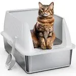 Petterm Stainless Steel Litter Box,XL Metal Litter Box with Lid,14”High Side Cat Litter Box for Big Cats and Kittens,Extra Large Litter Box with Scoop