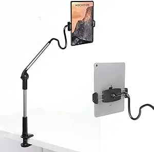 Gooseneck Phone Holder with Flexible Overhead Mount Clamp Clip for Desk Bedside headboard, 4.7"-11" Phone and Tablet Holder for Desk and Bed