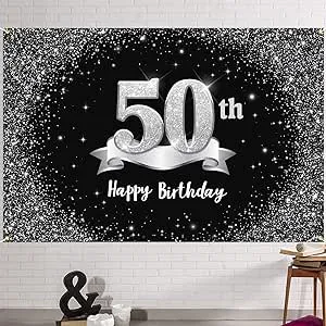 HAMIGAR 6x4ft Happy 50th Birthday Banner Backdrop - 50 Years Old Silver 