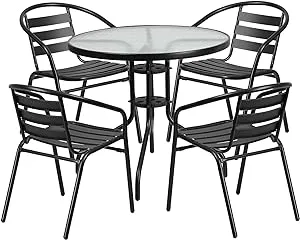 Flash Furniture 31.5'' Round Glass Metal Table with 4 Black Metal Aluminum Slat Stack Chairs