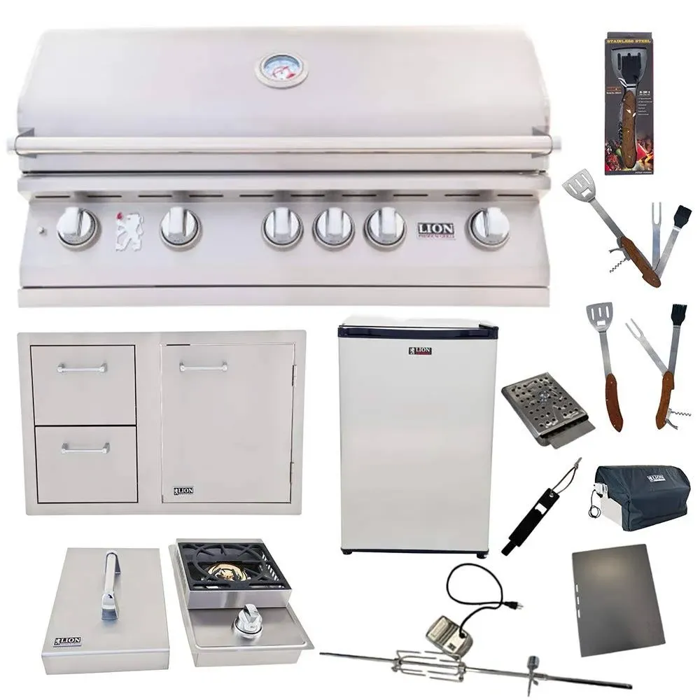 Lion Premium Grills 40-Inch Liquid Propane Grill L90000 with Single Side Burner, Eco Friendly Refrigerator, Door and Drawer Combo with 5 in 1 BBQ