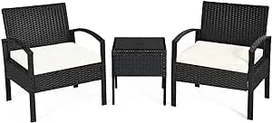 Tangkula 3 Piece Patio Furniture Set with 2 Cushioned Chairs & End Table, Black