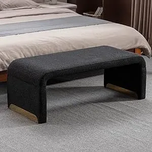 NIOIIKIT 43.3'' Ottoman Bench with Boucle Fabric, Faux Fur End of Bed Bench with Golden Metal Legs, Upholstered Entryway Bench for Living Room, Bedroom, Entryway (Black)