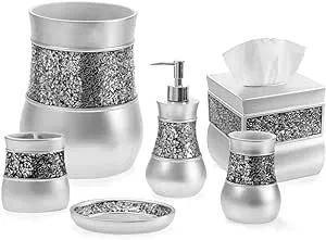 Creative Scents Crackled Glass Silver Bathroom Accessories Set Complete - 6 Piece Bathroom Accessory Set Includes: Trash Can, Tissue Box Cover, Soap Dispenser, Toothbrush Holder, Soap Dish & Tumbler