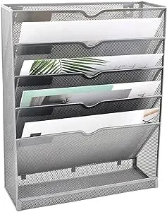 EASEPRES Mesh Wall File Organizer 5 Tier Vertical Mount Hanging Holder Magazine Rack with Bottom Flat Tray, Sides Closed, Silver