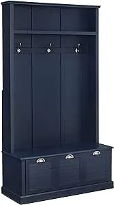 Crosley Furniture Ellison Hall Tree with Storage Bench and Coat Rack Hooks for Hanging, Navy