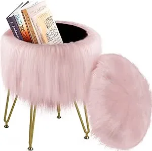 Vanity Stool Chair with Storage, Faux Fur Makeup Room Seat Stool, Soft Padded Seat, Round Footrest Footstools with 4 Metal Legs & Adjustable Footings, Vanity, Bathroom, Bedroom Chairs Black