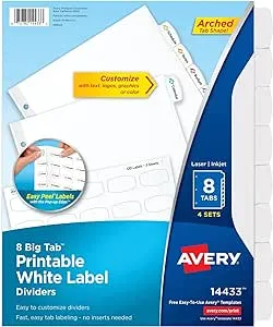 Avery 14433 Easy Peel White Label Tab Dividers 8-Tab 4/PK White