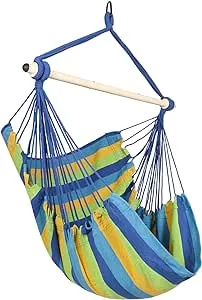 Highwild Hanging Rope Hammock Chair Swing Seat for Any Indoor or Outdoor Spaces - 500 lbs Weight Capacity (Blue Striped.)