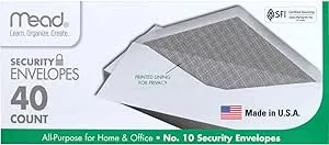 Mead #10 Envelopes, Security Printed Lining for Privacy, Gummed Closure, All-Purpose 20-Ib Paper, 4-1/8" x 9-1/2", White, 40 Letter Size Envelopes per Box (75214)