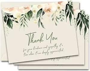 MPC Brands In Memory Of Blank Funeral Thank You Cards - Sympathy Bereavement Thank You Cards With Envelopes - Message Inside (25, Sage Floral)