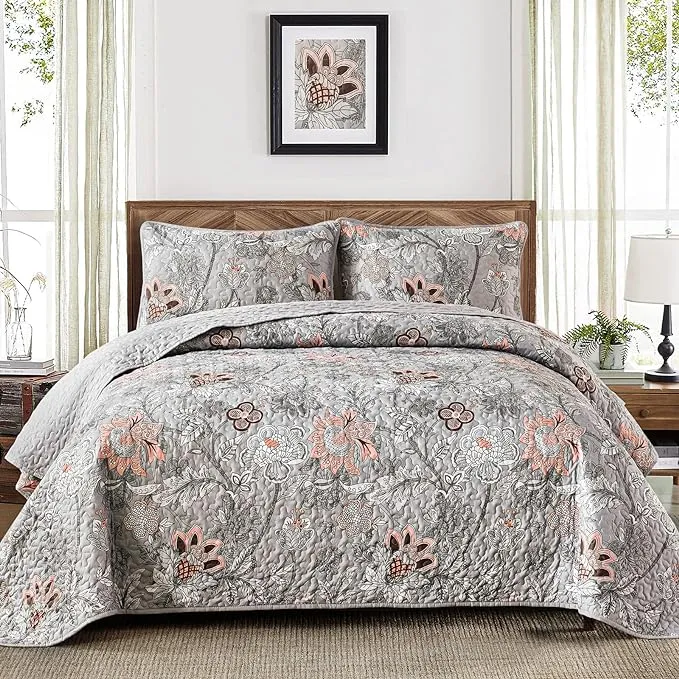 WONGS BEDDING Floral Quilt Set Queen Size, Grey Botanical Queen Bedspread Bedding Sets Soft Lightweight Microfiber Flower Gray Coverlet Set 3 Pieces for All Season (96"x90")