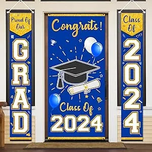 3Pcs 2024 Graduation Banner Set Blue and Gold Graduation Decorations Class of...