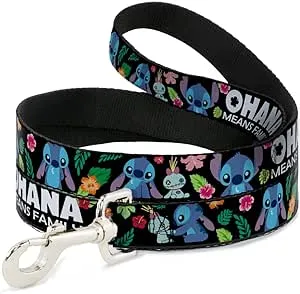 Dog Leash Ohana Means Family Stitch Scrump Poses Tropical Flora Black 4 Feet Long 1.0 Inch Wide