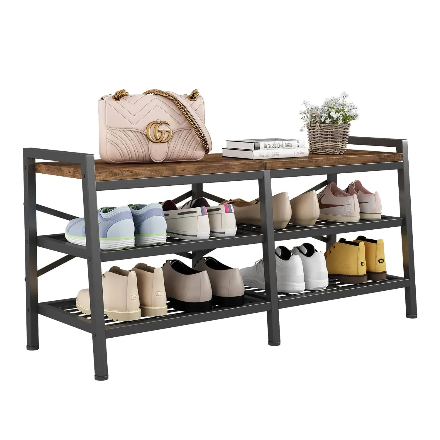 Shoe Bench,3-Tier Shoe Rack with Adjustable feet,Thickened Top Board Storage ...