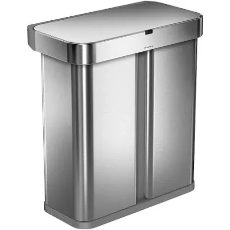 simplehuman 58L Voice and Motion Dual Compartment Rectangular Sensor Trash Can Brushed Stainless Steel