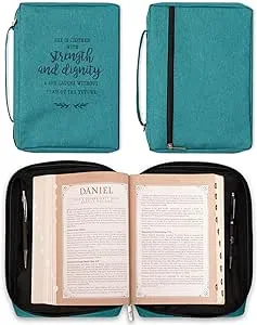 Christian Art Gifts Men/Women's Bible Cover Strength & Dignity Proverbs 31:25, Teal Canvas, Large